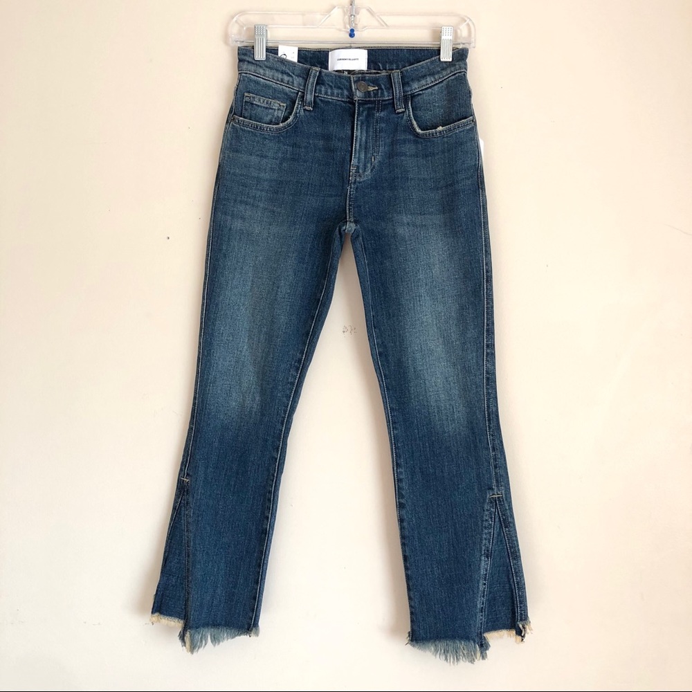Current/Elliott Fan Kick Cropped Frayed Hem Jeans in Brush/Blue Denim 24
